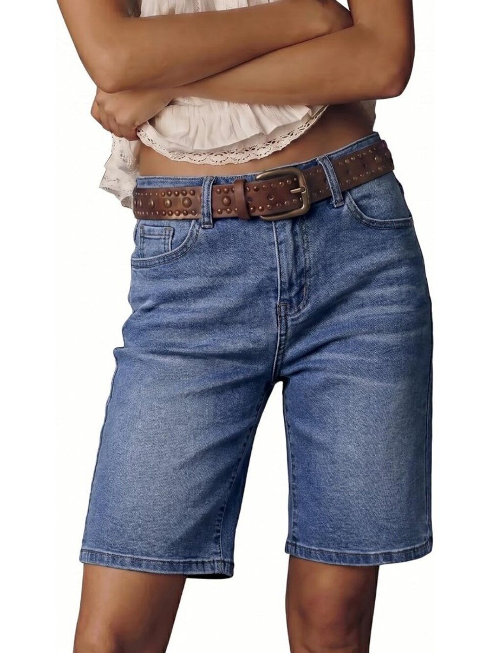 High-Waisted Bermuda Jean Shorts for Women | Trendy Stretchy Denim, Loose Fit